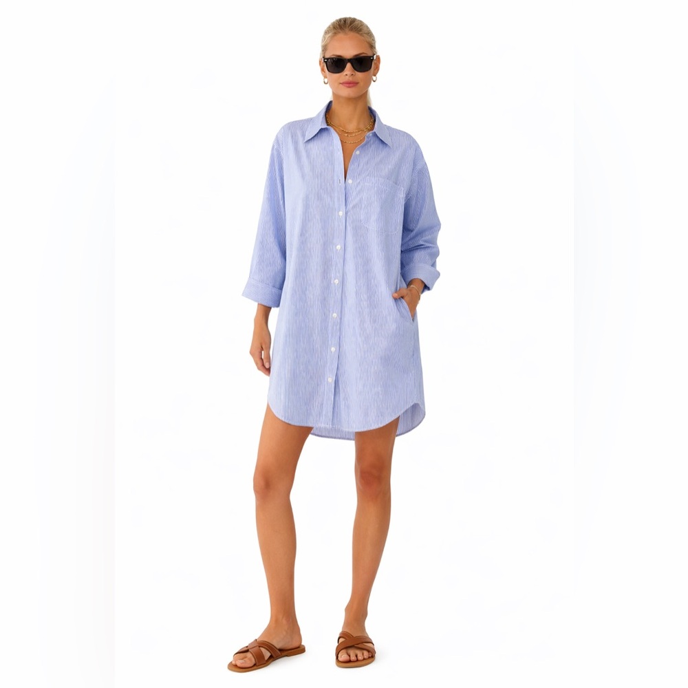 Culture Blue White Striped Shirt Dress Long Button Down Large